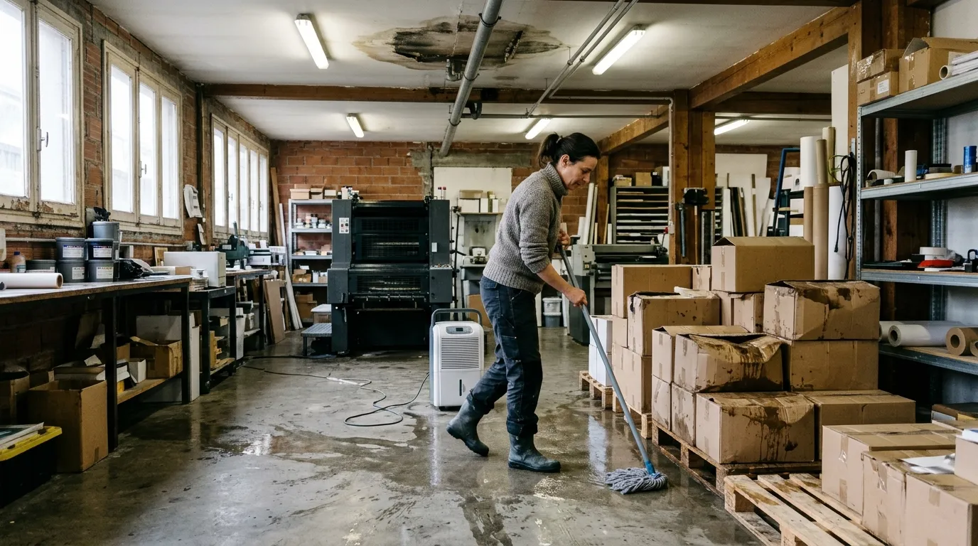 Gérante d'un atelier d'imprimerie épongeant le sol après un dégât des eaux, cartons mis à sécher sur palettes